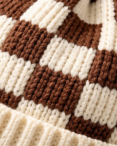 Gorro de Punto Personalizado a Cuadros Marrón y Blanco, Gorro de Invierno Cálido con Pompón, Gorro de Punto Grueso Unisex, Gorro con Logo Personalizado, Proveedor OEM - Product Image 4