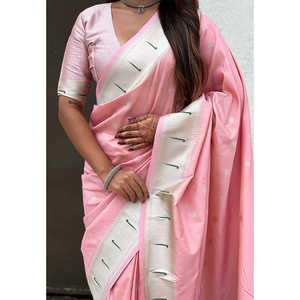Sari de Seda Paithani Rosa Pastel con Diseño de Pavo Real y Loto Tejido con Hilo Zari, Ropa India y Pakistaní, Tejidos de Primera Calidad, 650g - Product Image 3