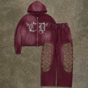 Ensemble de survêtements streetwear personnalisés pour hommes et garçons, comprenant un sweat à capuche ample et un pantalon empilé, effet délavé à l'acide, imprimé DTG, coupe courte et évasée - Product Image 2