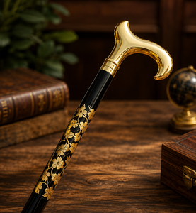 Canne de marche en bois noir sculpté à motifs floraux avec poignée en laiton, canne de gentleman vintage, canne décorative faite à la main, cadeau élégant - Product Image 3