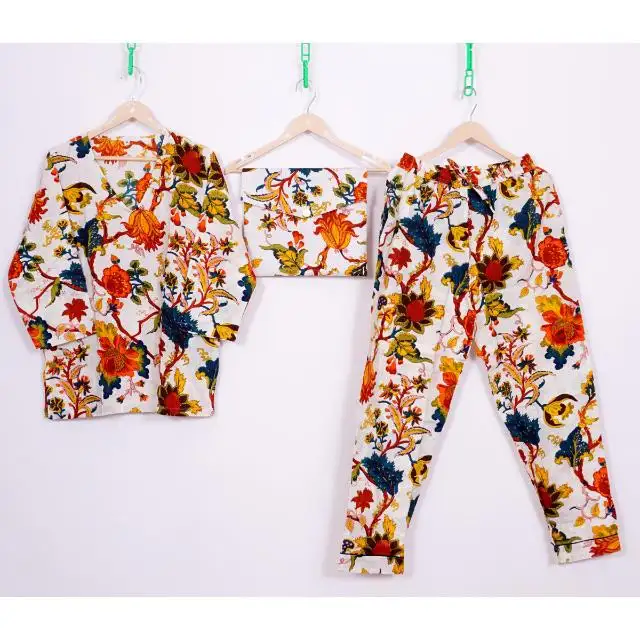 Conjunto de pijama de algodón con estampado floral para dormir de noche en interiores con estampado de bloques de mano hermosos con camisa de manga larga con Conjunto de pijama