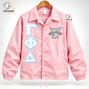 Gamma Phi Delta Sorority <b>Girl</b> Pink <b>Varsity</b> Coaches <b>Jacket</b> 100% Polyester Button Closure Turn-down Collar Full Sleeve Waterproof - Product Image 1