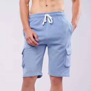 กางเกงขาสั้นผู้ชายสีพื้นผ้าฝ้ายเอวยางยืดมีเชือกผูกสไตล์ลำลองความยาวปานกลางมีกระเป๋ากางเกงวิ่งขาสั้นผู้ชาย - Product Image 2