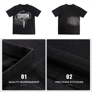 Custom Regular Fit Knitted Heavyweight 100% Cotton Black <b>Shirt</b> Washed Vintage Distressed Rhinestone Heat-Transfer Printing Blank - Product Image 3