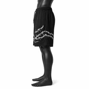 Shorts Bermuda pour Homme Noir à Imprimé Fil de Fer Barbelé, Taille Mi-Haute avec Cordon de Serrage, Style Urbain Décontracté - Product Image 3