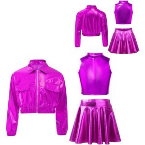 Conjunto de 3 piezas para niñas de 6 a 16 años: Chaqueta metálica, top corto de cuello alto y falda acampanada para venta al por mayor, ideal para baile de salón. - Product Image 5
