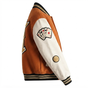 DROGEN EXPORT Custom for Brown Wool Body <b>White</b> Sleeves <b>Men's</b> Casual Vintage Streetwear Varsity <b>Jacket</b> Embroidery Patches - Product Image 2