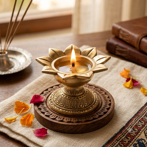 Blooming Lotus Flower Brass Diya on Engraved Pedestal Traditional Hindu Pooja Oil <b>Lamp</b> <b>Antique</b> Gold Finish Home Decor Wholesaler - Product Image 2