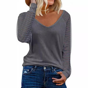 Camiseta de Manga Larga a Rayas con Parches para Mujer, Tallas Grandes, Casual, Transpirable, Antipilling, Venta al por Mayor, Nueva y de Moda - Product Image 4