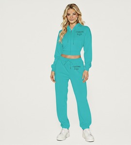 Women's Green Hooded <b>Tracksuit</b> Set Full Length Solid Color Casual Joggers with Side Pockets 100% Cotton Breathable Spring Wear - Product Image 4