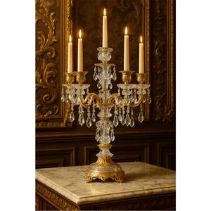 Wholesale Elegant <b>Crystal</b> Drop Gold Candelabra Candle <b>Stand</b> 5 Lights <b>Crystal</b> Wedding Candelabra Tabletop Decoration Centerpiece - Product Image 1