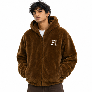Sweat-shirt à capuche zippé en polaire Sherpa pour hommes, coupe oversize texturée douce, logo brodé, vêtements d'hiver, vente en gros, USA - Product Image 1