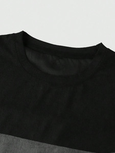 Men's Short Sleeve O-Neck Knitted T-Shirt Color Blocked Contrast Trim Regular Fit Casual Solid <b>Black</b> and Gray Cotton <b>Top</b> - Product Image 2
