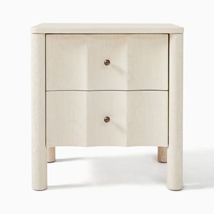 Teak Wood Nightstand Sculptural 3D Wave <b>Double</b> Drawer Bedside Table with Bronze Knobs - Product Image 2