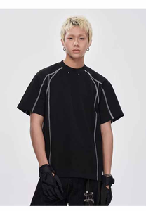 T-shirt blanc surdimensionné pour homme, manches courtes, col rond tricoté, bordure contrastante, style streetwear, couleur unie - Product Image 6