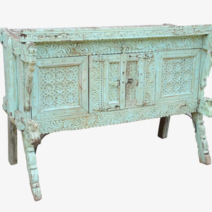 Coffre en bois vert menthe antique Haswani Handicrafts, armoire de rangement rustique sculptée à la main, style tribal vintage massif - Product Image 1