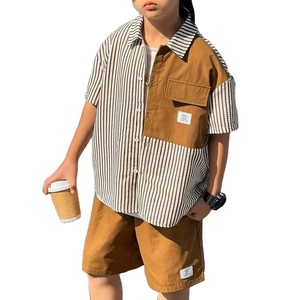 <b>Boys'</b> Summer Casual Cotton Woven Outfit Set Featuring Striped Print Shirt Stylish Brown Color-Block Top Trendy Button-<b>Up</b> Shirt - Product Image 3