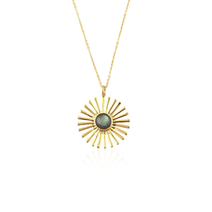 Collier plaqué or 18 carats en gros, avec pendentif délicat en labradorite naturelle chatoyante, pierre ronde, rayons de soleil, pour unisexe - Product Image 1