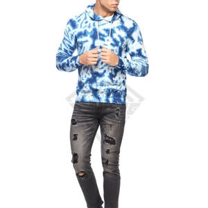 ผู้ผลิตเสื้อฮู้ดดี้ผู้ชายสีน้ำเงินแบบ Tie Dye ขายส่ง เสื้อสเวตเชิ้ตผ้าฝ้ายลำลองแบบสวมหัว เสื้อฮู้ดดี้สตรีทแวร์ เสื้อผ้าผู้ชาย - Product Image 1