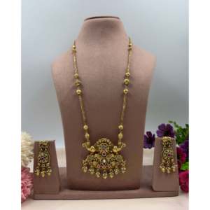 Indian Ethnic Trupti Traditional Temple Long <b>Gold</b>-Plated Bridal Necklace <b>Set</b> - Product Image 1