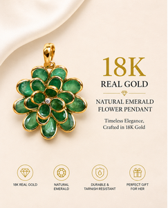Natural Emerald Floral Bloom <b>Pendant</b> in <b>Solid</b> 18K Yellow <b>Gold</b> – Bezel Set Triple-Tier Pear Gemstone Flower Medallion - Product Image 4