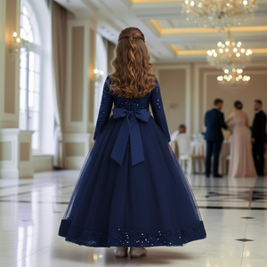 Vestido de Niña de Lujo con Lentejuelas Bordadas en Terciopelo Azul, Vestido de Princesa con Malla Suave para Bodas, Cumpleaños y Eventos - Product Image 3