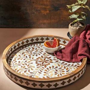 Imperial Crafted Home Handcrafted Resin <b>Wooden</b> <b>Round</b> Serving Tray Modern Geometric Decorative Food Platter Handle Home Kitchen - Product Image 1