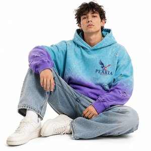 Sweat-shirt à capuche tie-dye bleu violet, pull en tricot déchiré avec poche avant, streetwear - Product Image 6