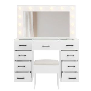 Large Lighted 12 LED Mirror Makeup Vanity Desk Set with 9 Drawers Glass Top Vanity Table with Power Outlet - Product Image 6