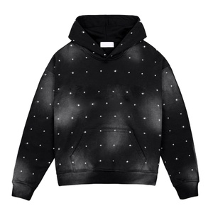 Streetwear pantalla personalizada DTG Heavy Fleece Thermal Terry Sun Fade Wash Hoodie All Over Rhinestone Bling Mens Unisex Hoodie - Product Image 1
