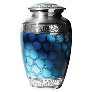Urne funéraire en métal finition marbre bleu pour cendres humaines |   Urne funéraire décorative pour adulte avec couvercle gravé en argent, 220 pouces cubes - Product Image 1
