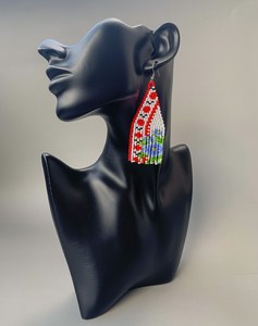 TRENDING USA Tribal seed bead fringe earrings - Traditional Ukrainian red ornament blue <b>flower</b> earring FOR WEDDING - Product Image 3