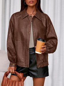 Women's Brown Faux Leather Bomber Jacket Full Sleeve <b>Zipper</b> Closure Turn-down Collar Autumn Style Short Length - Product Image 4