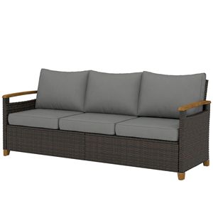 Divano da esterno a 3 posti in vimini PE con seduta ampia e profonda, cuscini da 4 pollici, braccioli e gambe effetto legno, grigio - Product Image 1