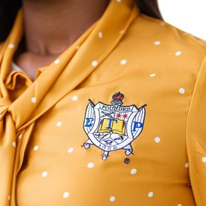 Blusa de lunares dorados Sigma Gamma Rho para mujer, camisa de manga larga con lazo, estilo casual elegante de la hermandad griega - Product Image 5