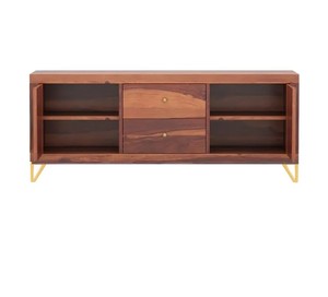 Modern Chevron Pattern Solid Wood <b>TV</b> Unit with Gold Metal Legs | Herringbone Media Console | Jodhpur Export - Product Image 3