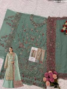 Traje semi-sellado de chifón pesado con bordado de hilo Zari y lentejuelas, y trabajo Khatli - Conjunto Salwar - Proveedor indio - Product Image 2