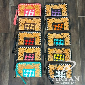 New 2026 Genuine Full Hand Tooled Leather Floral Checkered Pattern Card Holder Wallet For Women's Daily Use Luxury <b>Clutches</b> - Product Image 1
