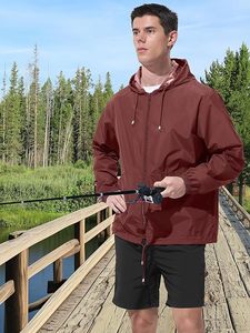 Veste coupe-vent à capuche bordeaux pour homme, fermeture éclair, style décontracté, vêtement d'automne, extérieur en polyester, coupe régulière, style ample - Product Image 5