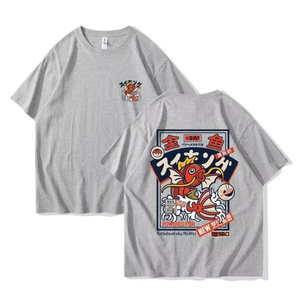 Camiseta de Alta Calidad con Estampado Personalizado, Corte Holgado, Diseño de Pescado de Dibujos Animados Japoneses en la Espalda, Algodón Transpirable, Ropa Casual Urbana - Product Image 3
