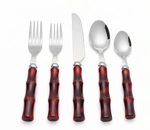 Juego de Cubiertos Vintage con Mango de Bambú, Cubertería de Acero Inoxidable de 5 Piezas, Apto para Lavavajillas, Vajilla para Bodas, Mangos en Tono Rojo - Product Image 1