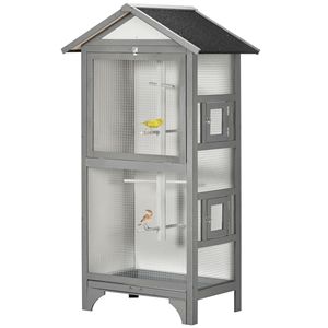Gabbia per Uccelli da Esterno XL in Legno Grigio Chiaro con 4 Posatoi e Vassoio Rimovibile per Facile Pulizia, Gabbia per Animali di Taglia Media - Product Image 1