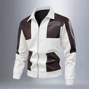 Men's Black White <b>Faux</b> <b>Leather</b> Moto <b>Jacket</b> Stand Collar Zipper Closure Color Blocked Casual Outerwear Full Sleeve All Seasons - Product Image 4