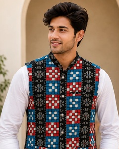 Veste Nehru traditionnelle indienne pour homme, sans manches, imprimée, avec motifs floraux argentés et motifs imprimés en forme de boîte. - Product Image 3