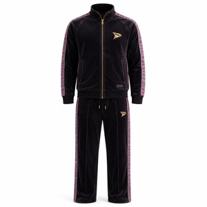 Ensemble de survêtement Dravelle Industry en velours noir polyester/coton 2 en 1 avec rayures violettes, fermeture éclair sur le devant, unisexe, décontracté, pour l'hiver - Product Image 1