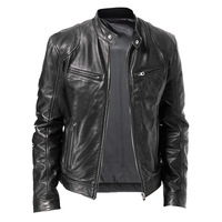 Veste moto en cuir véritable noir pour homme, col montant, fermeture éclair, coupe ajustée, longueur normale, couleur unie, doublure en polyester