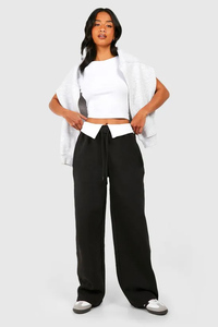 Premium Custom Black Women's Petite Contrast Folded Wide Leg Joggers Terry Fleece Soft Touch Sweatpants Women's Pants & <b>Trouser</b> - Product Image 4