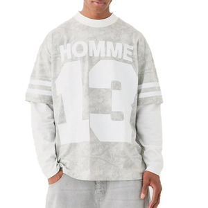 เสื้อยืดผู้ชายทรงโอเวอร์ไซส์ แขนยาว คอใหญ่ ผ้าคอตตอนถัก 100% พิมพ์ลาย DTG สไตล์เรโทร สองชั้น แบบ Y2K - Product Image 1