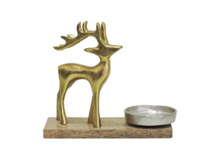 Porte-bougie décoratif en aluminium en forme de renne doré avec base en bois, centre de table de Noël - Product Image 5