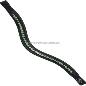 Forma de onda personalizada, canal vacío, banda de cuero acolchado para cejas de caballo, incrustaciones de cristales redondos verdes, cadena de diamantes ostentosos, banda para cejas con brida - Product Image 5